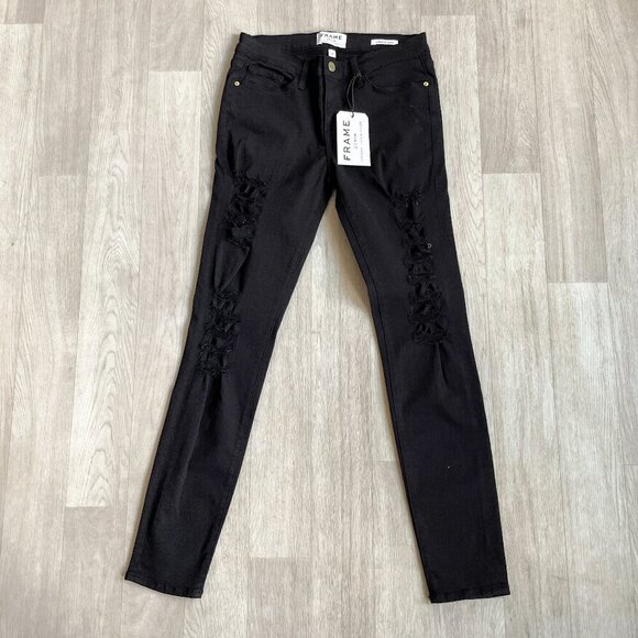 FRAME Le Skinny de Jeanne Ripped Jeans Film Noir Black Size 28 NEW NWT - Picture 1 of 8